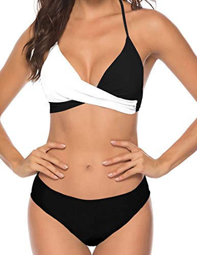 Bikini Elegante Traje de Baño Conjunto Bañador Halter Sexy Sólido para Mujer Ropa de Playa Traje de Baño Bikini Sets Talla Grande (Negro, L)