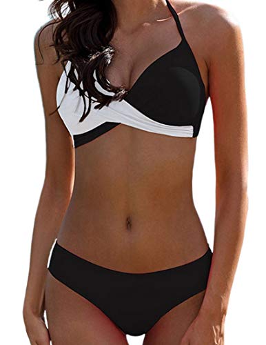 Bikini Elegante Traje de Baño Conjunto Bañador Halter Sexy Sólido para Mujer Ropa de Playa Traje de Baño Bikini Sets Talla Grande (Negro, L)