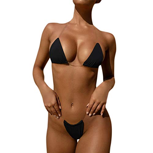 Bikinis Mujer 2019 Brasileños SHOBDW Color Sólido Conjunto de Bikini Push Up Traje de Baño Mujer Dos Piezass Tanga Mujer Vendaje Acolchado Bra Bandeau Bañadores de Mujer Sexy(Negro,M)