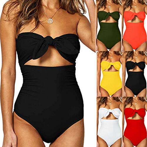 Bikinis Mujer 2019 SHOBDW Traje de Baño Mujer Una Pieza Vintage Bañadores de Mujer Sin Tirantes Push Up Bikinis Monokini Solid Arco Vendaje Bañador Espalda Descubierta(Negro,S)