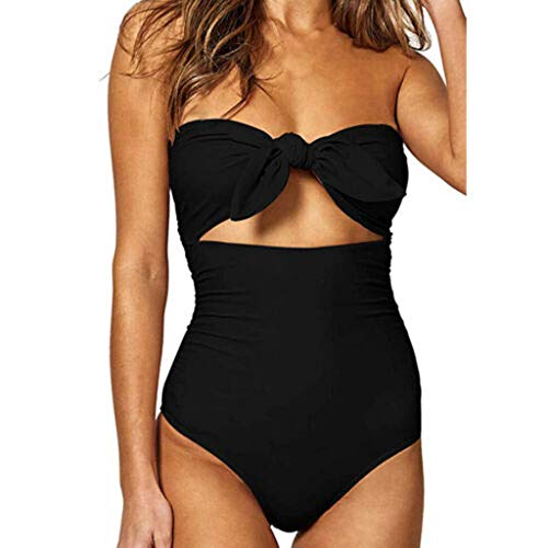 Bikinis Mujer 2019 SHOBDW Traje de Baño Mujer Una Pieza Vintage Bañadores de Mujer Sin Tirantes Push Up Bikinis Monokini Solid Arco Vendaje Bañador Espalda Descubierta(Negro,S)