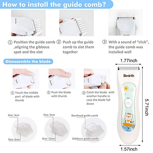 Bimirth Maquina Cortar Pelo para Bebe, Cortapelos Silencioso para Niños, en Bolsa para Fácil Almacenamiento, Recargable por USB, Resistente al Agua, 3 Peines Guía, con Safe Ceramic Blade (With Bag)