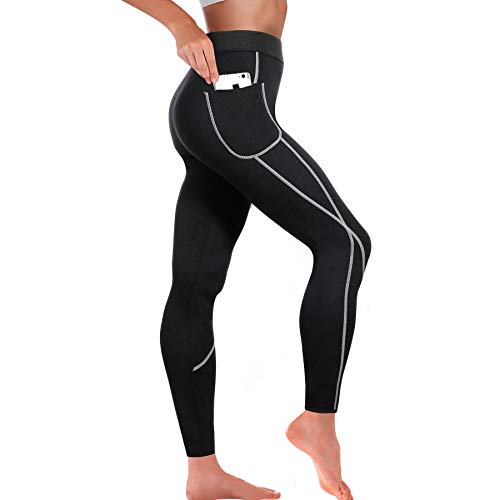 Bingrong Mallas Pantalones Deportivos Leggings Mujer Deporte Pantalones Adelgazantes Mujer con Bolsillos Pantalon Running Neopreno Fitness Sauna Sudoracion Ropa Quema Grasa Mujer (Negro, Medium)