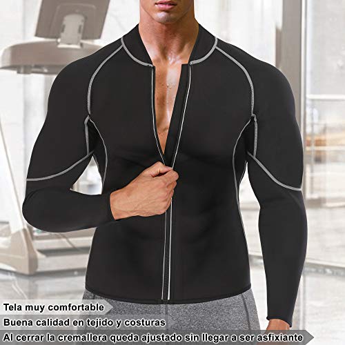 Bingrong Sudoracion Hombre con Cremallera Faja Sauna Deportiva Camiseta Compresion Mangas Largas Trajes para Fitness Sudoración Fajas Hombre Reductora Adelgazante Neopreno Deporte (Negro, Medium)