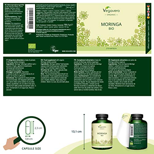 BIO Moringa Oleifera Vegavero® | La Dosis Más Alta: 1800 mg | 270 Cápsulas | Superfood: Proteínas, Vitaminas, Minerales y Omega 3 | Antioxidante | Libre de Aditivos | Vegana | Superalimentos