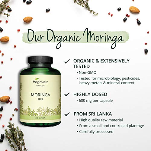 BIO Moringa Oleifera Vegavero® | La Dosis Más Alta: 1800 mg | 270 Cápsulas | Superfood: Proteínas, Vitaminas, Minerales y Omega 3 | Antioxidante | Libre de Aditivos | Vegana | Superalimentos