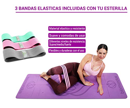 biomundus Esterilla Yoga Mat Antideslizante. Esterilla Deporte en casa con Material Ecológico TPE, con Línea de Posición, Tres Bandas Fitness, Correa y Bolsa 183x61x0.6 cm Púrpura