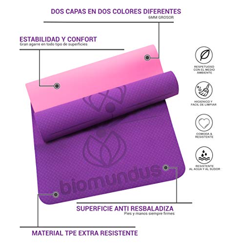 biomundus Esterilla Yoga Mat Antideslizante. Esterilla Deporte en casa con Material Ecológico TPE, con Línea de Posición, Tres Bandas Fitness, Correa y Bolsa 183x61x0.6 cm Púrpura biomundus Esterilla Yoga Mat Antideslizante. Esterilla Deporte en casa con Material Ecológico TPE, con Línea de Posición, Tres Bandas Fitness, Correa y Bolsa 183x61x0.6 cm Púrpura