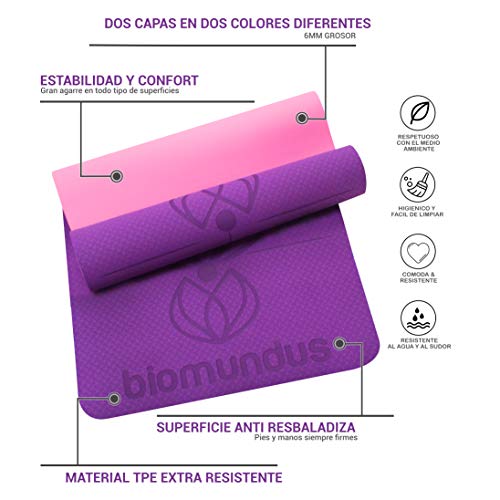 biomundus Esterilla Yoga Mat Antideslizante. Esterilla Deporte en casa con Material Ecológico TPE, con Línea de Posición, Tres Bandas Fitness, Correa y Bolsa 183x61x0.6 cm Púrpura