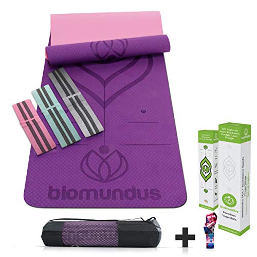 biomundus Esterilla Yoga Mat Antideslizante. Esterilla Deporte en casa con Material Ecológico TPE, con Línea de Posición, Tres Bandas Fitness, Correa y Bolsa 183x61x0.6 cm Púrpura