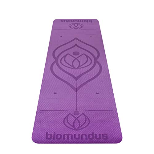 biomundus Esterilla Yoga Mat Antideslizante. Esterilla Deporte en casa con Material Ecológico TPE, con Línea de Posición, Tres Bandas Fitness, Correa y Bolsa 183x61x0.6 cm Púrpura