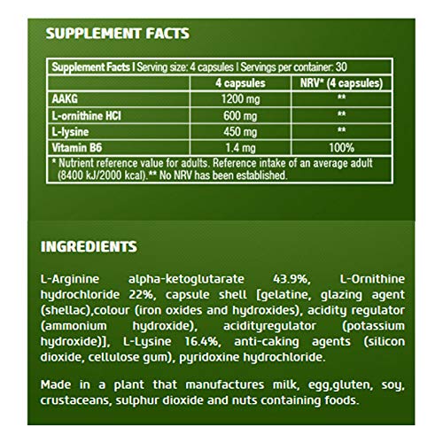 BIOTECH USA Food Supplement 120 Caps. | Arginina | Ornitina | Lisina | Crecimiento muscular y bombeo muscular de Hormone Support