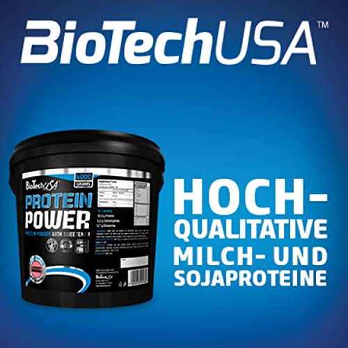 Biotech USA Protein Power - Proteína en polvo, sabor fresa y plátano, hidrolizado de soja, caseinato de calcio y concentrado de suero de leche,1000 gr