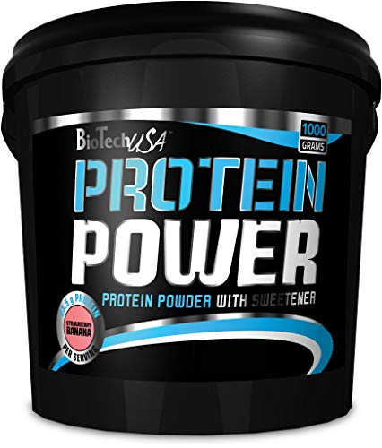 Biotech USA Protein Power - Proteína en polvo, sabor fresa y plátano, hidrolizado de soja, caseinato de calcio y concentrado de suero de leche,1000 gr