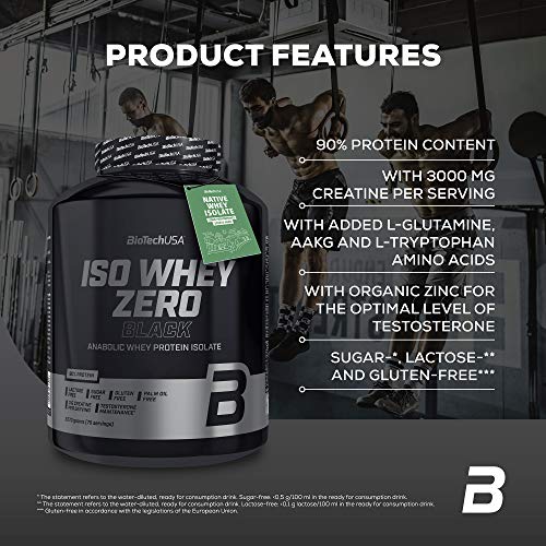 BioTechUSA Iso Whey Zero Black Bebida en polvo aromatizada, aislado de proteína de suero, añadido creatina, aminoácidos, vitamina B3, con el 90% de contenido de proteína, 2.27 kg, Fresa BioTechUSA Iso Whey Zero Black Bebida en polvo aromatizada, aislado de proteína de suero, añadido creatina, aminoácidos, vitamina B3, con el 90% de contenido de proteína, 2.27 kg, Fresa