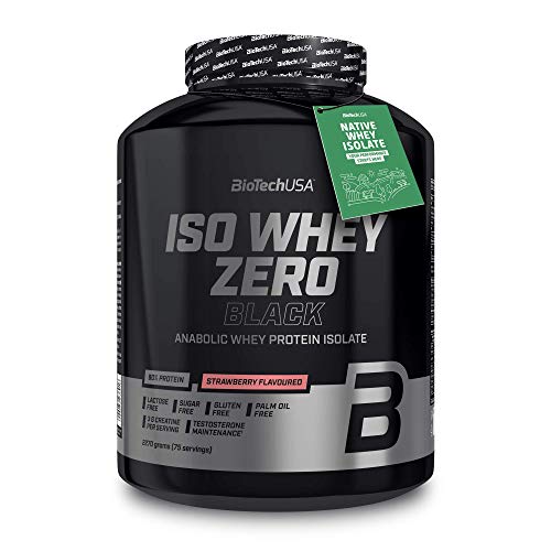 BioTechUSA Iso Whey Zero Black Bebida en polvo aromatizada, aislado de proteína de suero, añadido creatina, aminoácidos, vitamina B3, con el 90% de contenido de proteína, 2.27 kg, Fresa