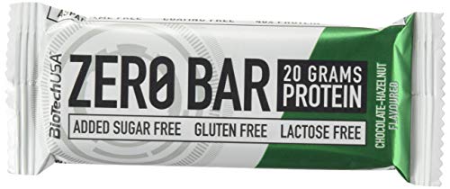 BioTechUSA Zero Bar Barrita de proteínas con alto contenido proteico, sin azúcar añadido o aspartamo, libre de lactosa y gluten, con edulcorantes, 20 * 50 g, Chocolate-Avellana