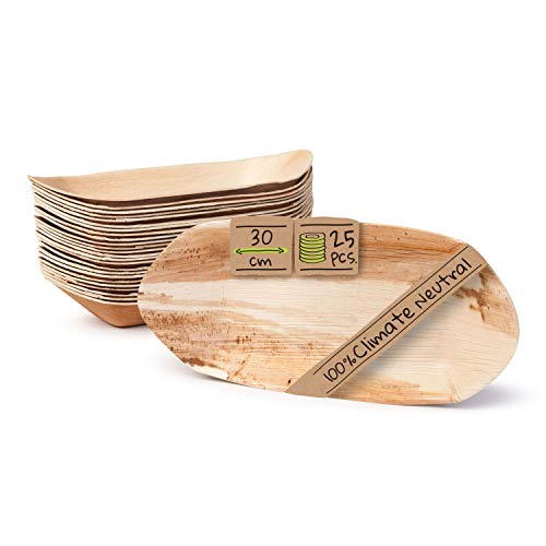 BIOZOYG Palmware - Cuenco Hoja de Palma para Aperitivos I vajilla desechable Biodegradable y compostable I Cuencos para Servir Salsa Aperitivos y mas I 25 Piezas Cuenco Fiesta Tipo Barco 30 cm