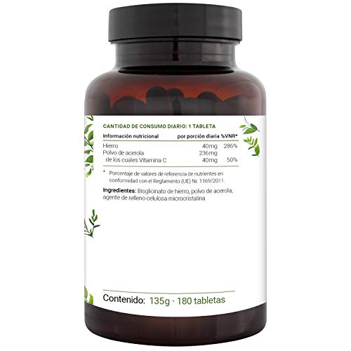 Bisglicinato de Hierro 40mg + 40mg Vitamina C natural de Acerola para una mejor absorción - 180 comprimidos veganos (Suministro para 6 meses) - Producción probada en laboratorio en Alemania