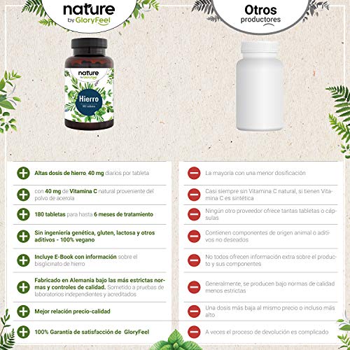 Bisglicinato de Hierro 40mg + 40mg Vitamina C natural de Acerola para una mejor absorción - 180 comprimidos veganos (Suministro para 6 meses) - Producción probada en laboratorio en Alemania Bisglicinato de Hierro 40mg + 40mg Vitamina C natural de Acerola para una mejor absorción - 180 comprimidos veganos (Suministro para 6 meses) - Producción probada en laboratorio en Alemania