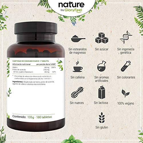 Bisglicinato de Hierro 40mg + 40mg Vitamina C natural de Acerola para una mejor absorción - 180 comprimidos veganos (Suministro para 6 meses) - Producción probada en laboratorio en Alemania Bisglicinato de Hierro 40mg + 40mg Vitamina C natural de Acerola para una mejor absorción - 180 comprimidos veganos (Suministro para 6 meses) - Producción probada en laboratorio en Alemania