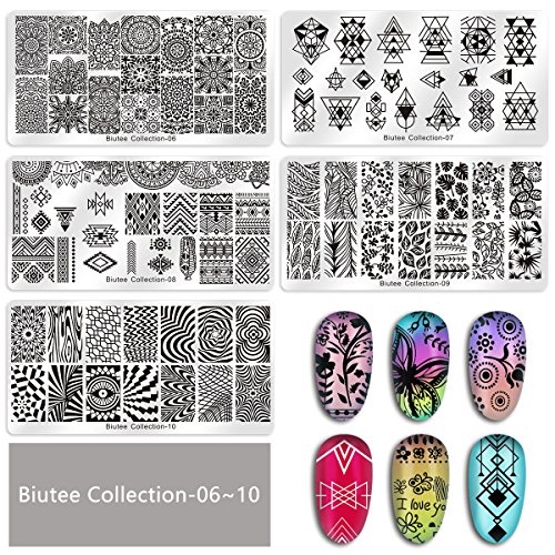 Biutee Estampacion Uñas 15 Placas de Stamping + 1 Sello de Silicona +2 Rascador +1 Bolsa de Almacenamiento（el Color Azar）