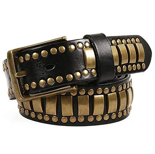 BJHIOJ Cinturón De Cintura Unisex Estilo Tachonado con Tachuelas Cuero De Roca Remache Dorado Vintage Cinturón De Cuero Genuino Hip Hop con Hebilla,Negro,105cm