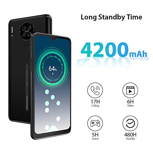 Blackview A80 Moviles Libres 4G Android 10 GO con 6.21" HD+ Water-Drop Screen, Cámara Trasera Cuádruple 13MP, Teléfono Móvil 2GB+16GB (SD 128GB), Batería 4200mAh Smartphone Libre, Face ID/GPS-Negro