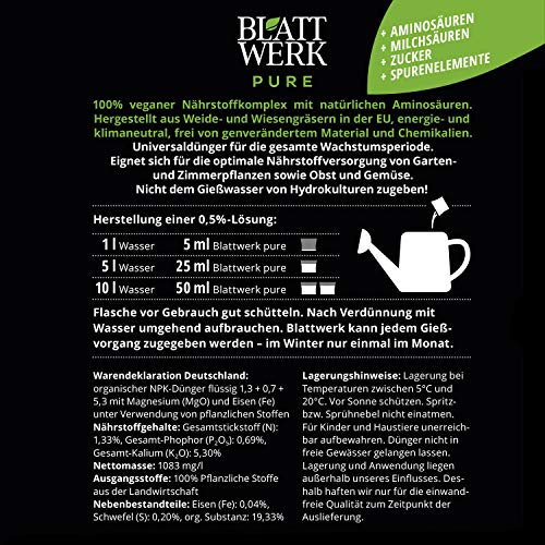 BLATTWERK Pure - 1.000ml: fertilizante 100% orgánico y vegano, completos nutrientes líquidos de hierbas, para plantas de interior y jardín, con aminoácidos, ácidos lácticos, azúcares y minerales. BLATTWERK Pure - 1.000ml: fertilizante 100% orgánico y vegano, completos nutrientes líquidos de hierbas, para plantas de interior y jardín, con aminoácidos, ácidos lácticos, azúcares y minerales.