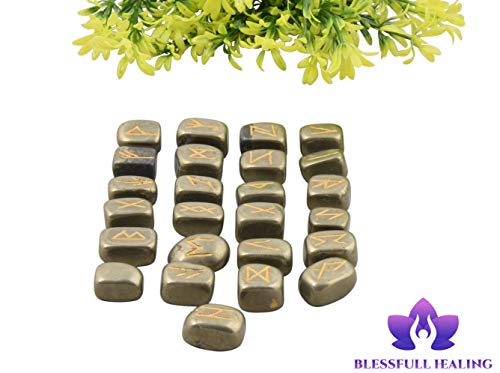 Blessfull Healing Piedras preciosas caídas de pirita dorada con palabras de runa talladas para meditación/adivinación, conjunto de piedras de runas de reiki de curación cristalina (25 piezas)