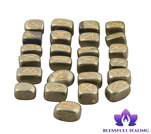 Blessfull Healing Piedras preciosas caídas de pirita dorada con palabras de runa talladas para meditación/adivinación, conjunto de piedras de runas de reiki de curación cristalina (25 piezas)