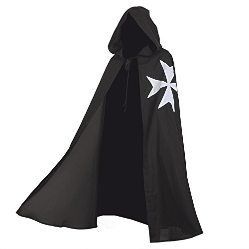 BLESSUME Medieval Caballeros Hospitalario Capa Negro Larp Capa con Cruz Blanca (Negro 2) BLESSUME Medieval Caballeros Hospitalario Capa Negro Larp Capa con Cruz Blanca (Negro 2)
