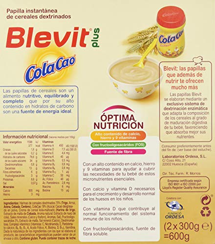 Blevit Plus Cola Cao, 1 unidad 600 gr. A partir de los 12 meses, contiene gluten. Blevit Plus Cola Cao, 1 unidad 600 gr. A partir de los 12 meses, contiene gluten.