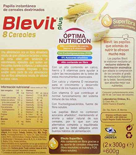 Blevit Plus Superfibra 8 Cereales, 1 unidad 600 gr. A partir de los 5 meses Blevit Plus Superfibra 8 Cereales, 1 unidad 600 gr. A partir de los 5 meses