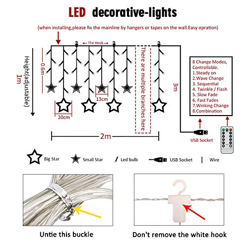 BLOOMWIN Guirnaldas Luminosas Estrellas Cortina Luces 2m x 1m 138 LED 12 Estrellas con Control Remoto 8 modos 5V USB Cadena Luces de Navidad para el Balcón, Ventana, Pared, Escaparate, Boda, Fiesta