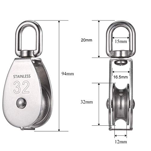 Bloque de Polea Individual de 32 mm, 2 Unidades de Rodillo de Polea de Acero Inoxidable 304, M32 Elevación de Grúa Giratoria Gancho para Colgar Alambre Cuerda de Remolque de Cuerda de Carga de 250 kg