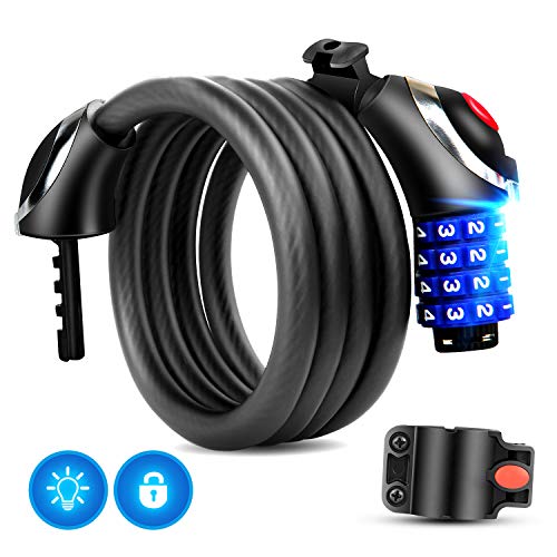 Bloqueo de la bicicleta con luz LED, 120 cm Cable de bloqueo de la bicicleta Basic Self Coiling Combinación reiniciable Bloqueo de cable de la bicicleta de 4 dígitos con soporte de montaje de cortesía