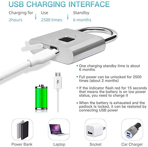 Bloqueo inteligente de huellas dactilares Carga USB,Cerradura Electronica Sin Llave IP65 Prueba de Agua , utilizado para casilleros, maletas, mochilas, etc. Admite 10 juegos de huellas dactilares