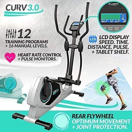 Bluefin Fitness Bicicleta Eliptica CURV 3.0 Elliptical Cross Trainer/Air Walker/Zancada Larga/Consola de Fitness Digital LCD/Bluetooth/Aplicación para Smartphone/Negro y Plata