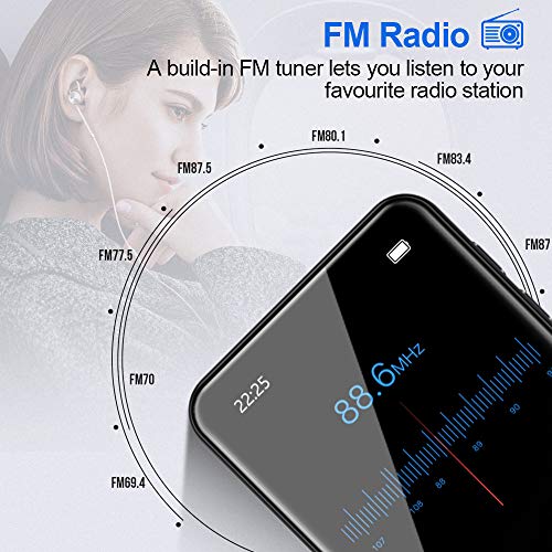 Bluetooth 5.0 Reproductor MP3, 16GB Reproductor de Música 1.8 Pulgadas Pantalla Táctil Completa, con Altavoz, FM Radio, Grabación, Podometro, Auriculares, Soporte Expandible hasta 128G…