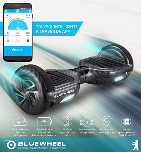 Bluewheel 6.5" Patinete eléctrico - Marca de calidad alemana - Hoverboard con Sistema de Seguridad para Niños, Altavoz Bluetooth y Luces LED, 2 Motores de 700W - Patín Eléctrico Auto Equilibrio HX310s