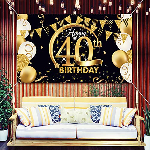 Blulu Decoración de Fiesta de 40 Cumpleaños, Tela Extra Grande Póster de Señal Dorado Negro para 40 Aniversario Fondo de Foto, Materiales de Fiesta de Cumpleaños, 72,8 x 43,3 Pulgadas (Estilo B)