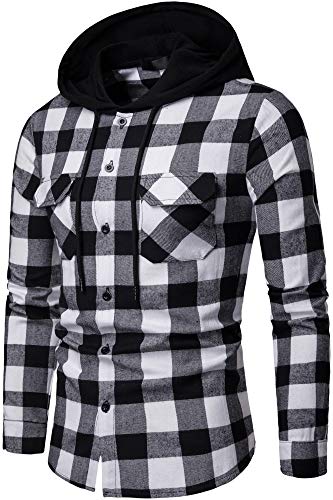 Blusa de Hombre Camisetas de Cuadros Ocasionales de los Jersey Blusa con Capucha Superior Cosiendo Manga Larga con Capucha para Hombre (Blanco y Negro - A115, Small) Blusa de Hombre Camisetas de Cuadros Ocasionales de los Jersey Blusa con Capucha Superior Cosiendo Manga Larga con Capucha para Hombre (Blanco y Negro - A115, Small)