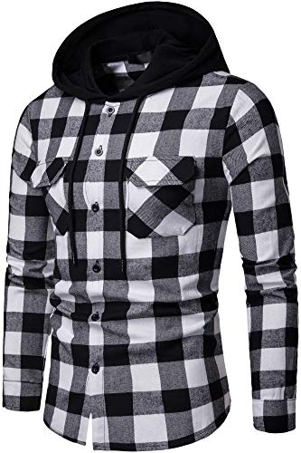 Blusa de Hombre Camisetas de Cuadros Ocasionales de los Jersey Blusa con Capucha Superior Cosiendo Manga Larga con Capucha para Hombre (Blanco y Negro - A115, Small)