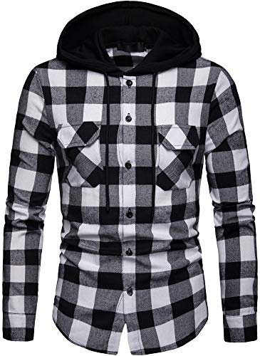 Blusa de Hombre Camisetas de Cuadros Ocasionales de los Jersey Blusa con Capucha Superior Cosiendo Manga Larga con Capucha para Hombre (Blanco y Negro - A115, Small)