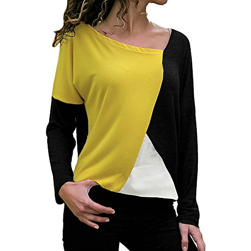 Blusa Moda Patchwork Casual para Mujer Sudadera con Capucha Tallas Grandes Color Block Tallas Grandes O-Neck Manga Larga Camiseta Tops Invierno Abrigos Liquidación de Venta SHOBDW (Amarillo,2XL)