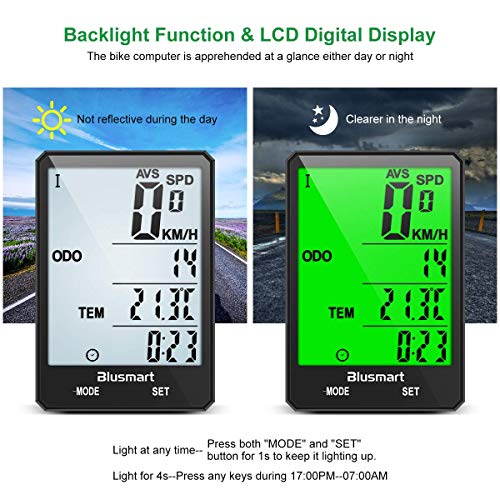 Blusmart - Ciclocomputador inalámbrico para bicicleta, resistente al agua, 21 funciones, cuentakilómetros inalámbrico, pantalla LCD, velocidad automática para ciclismo Blusmart - Ciclocomputador inalámbrico para bicicleta, resistente al agua, 21 funciones, cuentakilómetros inalámbrico, pantalla LCD, velocidad automática para ciclismo