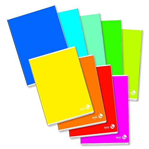 BM BeMore Color Basic 0110600 - Cuaderno A4, rayado A, rayas con márgenes para 1º y 2º elementos, papel de 80 g/m², colores surtidos, paquete de 10 unidades, multicolor