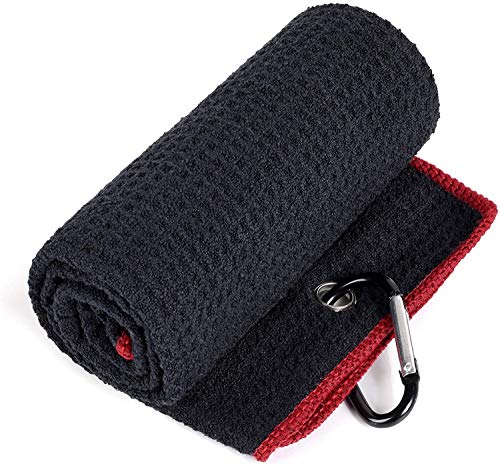 BMKJ toalla de golf triple | tela de microfibra premium | patrón de gofres | clip de mosquetón resistente para colgar en bolsa de club de golf para hombres y mujeres, ajuste deportivo (negro/rojo) BMKJ toalla de golf triple | tela de microfibra premium | patrón de gofres | clip de mosquetón resistente para colgar en bolsa de club de golf para hombres y mujeres, ajuste deportivo (negro/rojo)