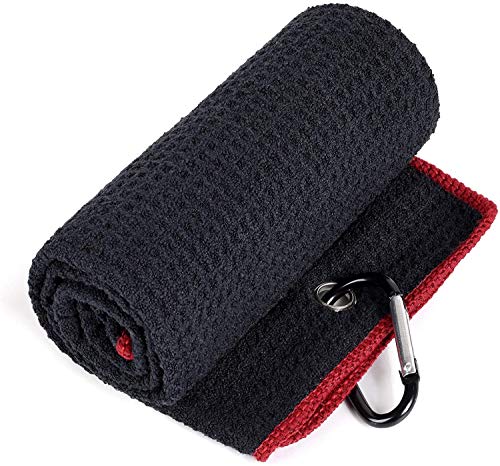 BMKJ toalla de golf triple | tela de microfibra premium | patrón de gofres | clip de mosquetón resistente para colgar en bolsa de club de golf para hombres y mujeres, ajuste deportivo (negro/rojo)